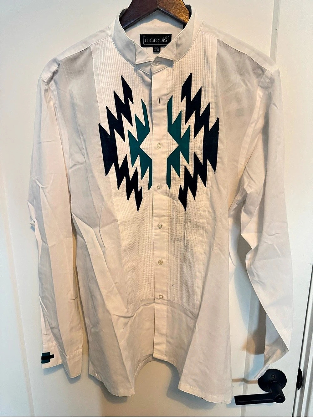 marquis Men's Geometric Button Down Shirt in White & Green Size Large